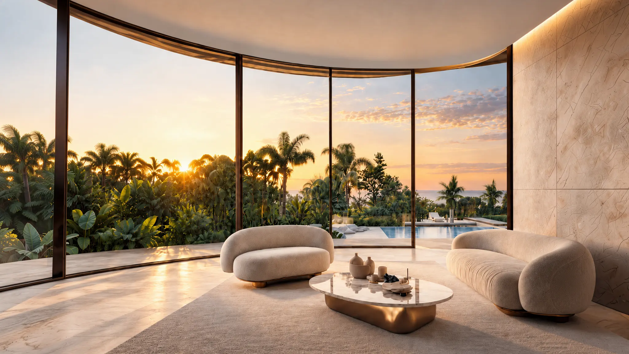 A masterfully-crafted home with open windows showing pool and greenery